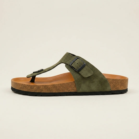 Riviera Thong Sandal in Genuine Suede – Olive Green – 02 Side